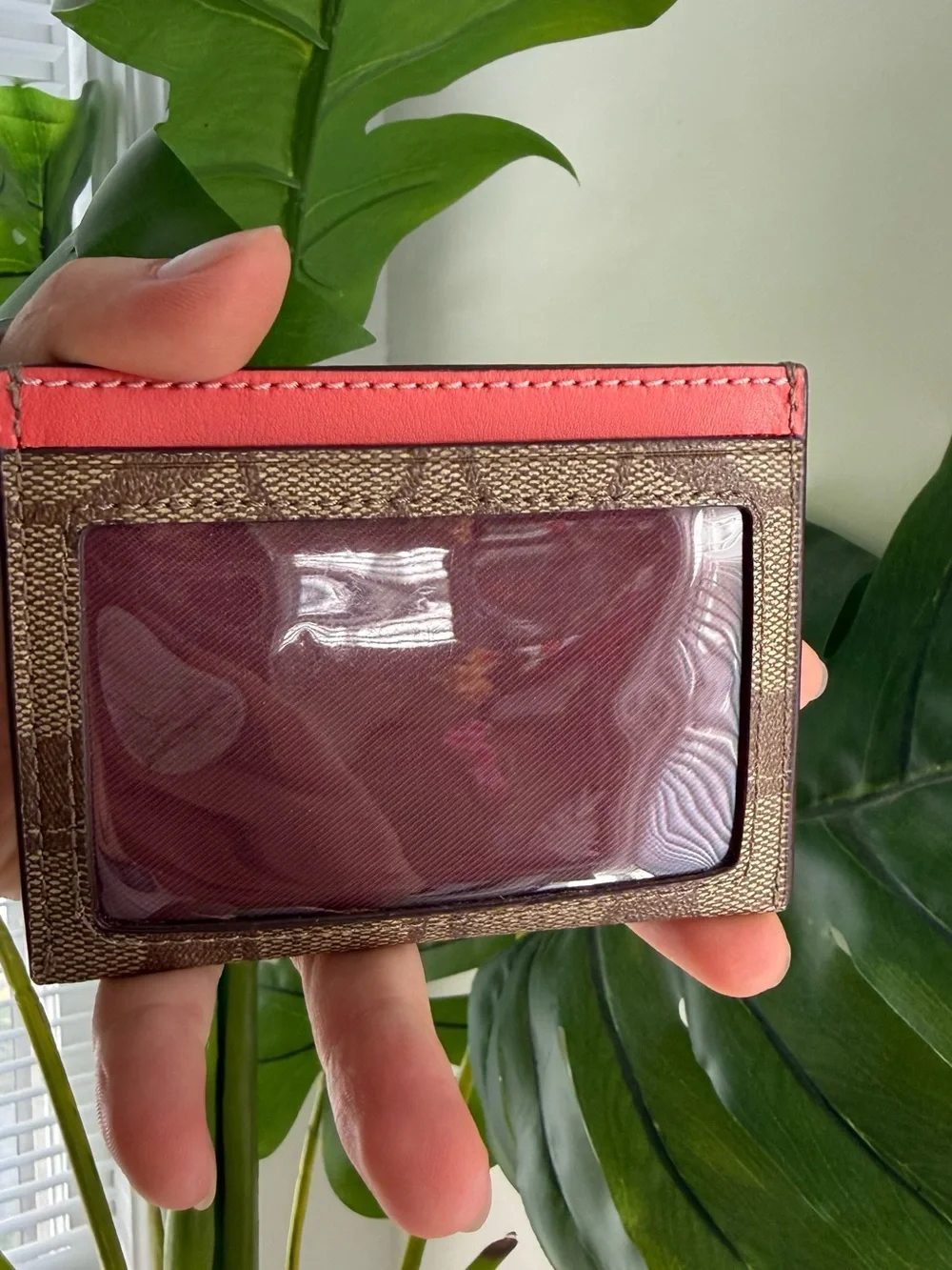Coach Signature Canvas Card Case in Brown and Coral